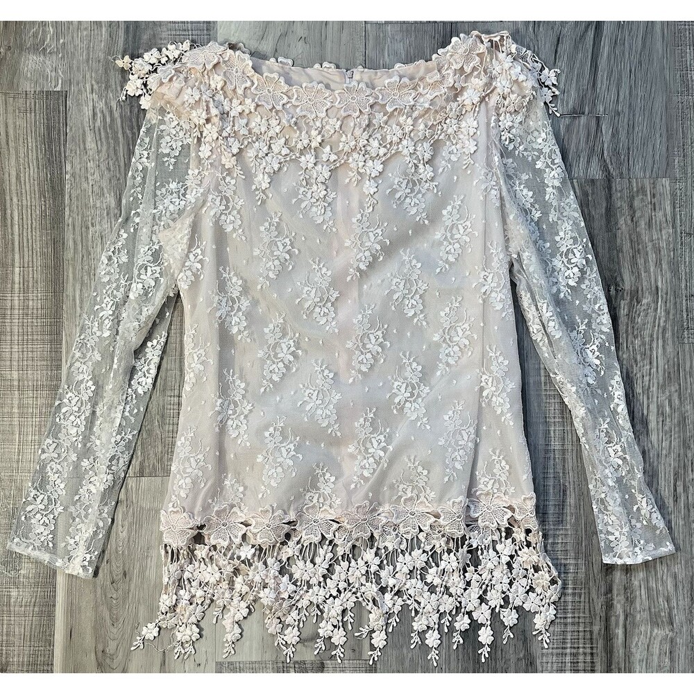 Vintage Patra Size 9-10 Blush Pink Long Sleeve Lace Overlay Blouse Zipped Back